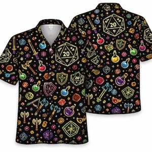May include: Black button-up shirt with a colorful all-over print featuring dice, potions, swords, axes, and shields. The design includes a large D20 die with the number 20. The shirt has short sleeves and a classic collar.