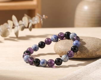 Energy Balance Amethyst Hematite Fluorite Bracelet Empath Protection Crystal Bead Bracelet Spiritual Healing Jewelry Gift for Her