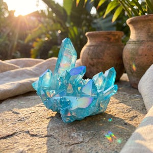 May include: A cluster of iridescent blue crystals, with sharp, pointed formations. The crystals are set against a natural stone surface, with soft sunlight and blurred greenery in the background. Two terracotta pots are also visible.