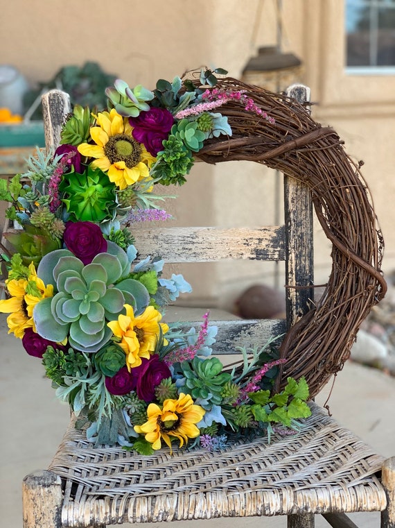 Succulents Wreath Sunflowers Spring Summer Front Door Decor Bridal Shower Centerpiece Gift Wedding Porch Everyday Natural