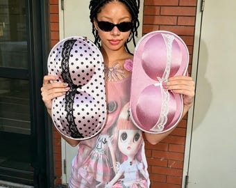 BAG:Bra‑Shaped Polka Dot Makeup,Lace Bow Cosmetic Case,Coquette Girly Storage Pouch