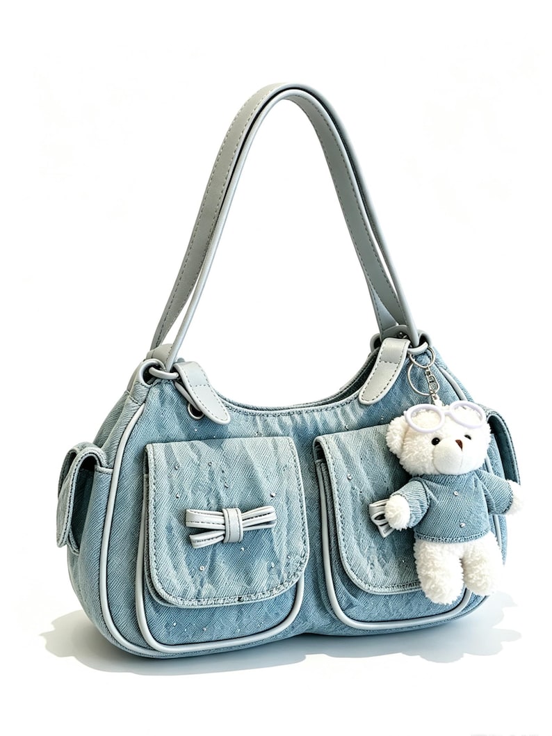 Puede incluir: Un bolso de mano de mezclilla azul claro con asa y ribete grises. El bolso presenta dos bolsillos delanteros con lazos y un peque&ntilde;o llavero de oso de peluche blanco con gafas y un atuendo de mezclilla a juego.