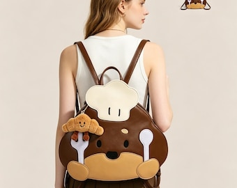 Chef  Backpack, Kawaii Brown Bear Crossbody Bag, Adorable Animal Purse, Unique Croissant Charm Bag