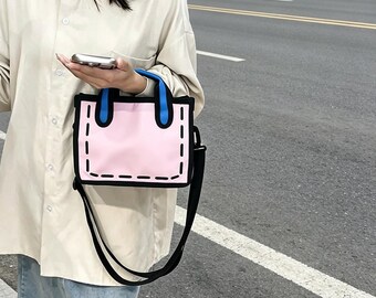 bag:Cartoon 2D Style Square Tote Bag,, Fun Pop Art Daily Carryall Purse