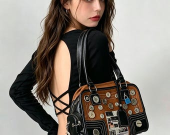 Vintage Button Patchwork Handbag, Retro Brown Suede , Grunge Purse, Unique Upcycled Statement Bag