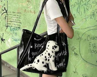bag:Black Faux Leather Tote Bag with Dalmatian Plush,Y2K Streetwear Shoulder