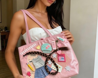 Bag:Y2K Pink 3D Charm Tote Bag,Unique Braid  Dollcore Design,Everyday & School Handbag