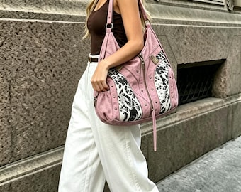 Bag:Vintage Pink Snake Print Hobo Bag,Y2K Punk Studded Shoulder Purse,Crossbody Handbag