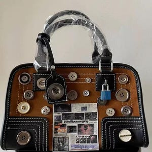 Vintage Button Patchwork Handbag, Retro Brown Suede , Grunge Purse, Unique Upcycled Statement Bag