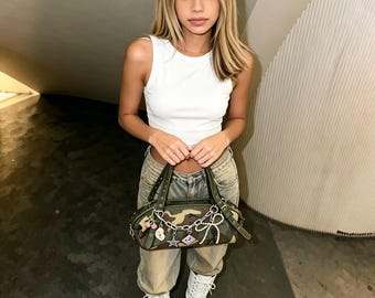Bag:with Multi Layer Pearl Crystal Chain Charm,Retro Army Print Shoulder Handbag