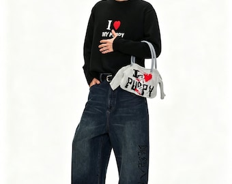 Handbag:Grey Knit Puppy Handbag, Unique Sleeve‑Shaped Tote Bag,Kawaii  Pin Decor Purse