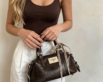 BAG: Vintage Brown Embossed Boston Bag,Casual Crossbody for Women
