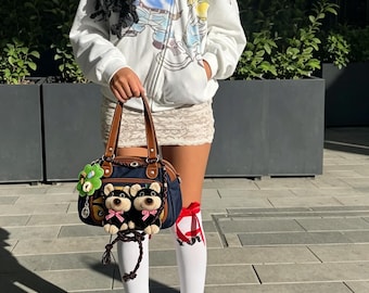 bag:Puppy Charm Handbag,Y2K Retro Canvas,Plush Dog Shoulder Bag