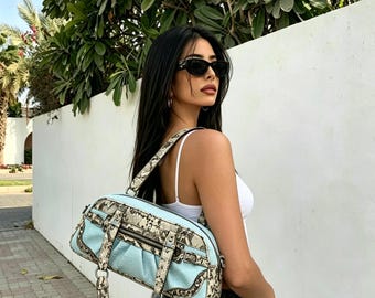 Bag:Y2K Light Blue Snake Print Shoulder Bag,90s  Punk Style Handbag