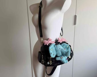 Y2K Blue Plush Elephant Shoulder Bag,  Bow & Rhinestone Purse, Handbag