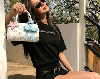 Bag:Floral Mini Handbag,Y2K Style Top Handle Bag with Bow and Star Charm