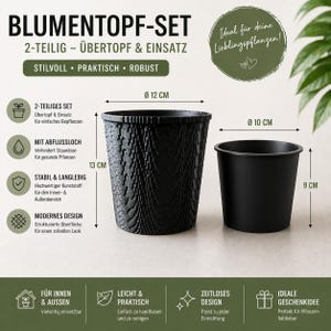 May include: Black two-piece plant pot set. The larger pot is 12 cm in diameter and 13 cm tall, with a textured design. The smaller pot is 10 cm in diameter and 9 cm tall. Made of durable plastic, suitable for indoor and outdoor use.