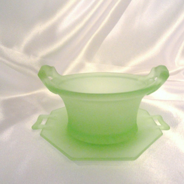 Lovely frosted, satin, mint green bowl and saucer, unique shapes and colors, 2 pieces included