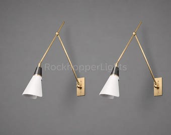 1950's Mid Century Modern Brass Wall Sconce – Adjustable Swing Arm Wall Light with White Cone Shade Wall Lamp, Handcrafted Wall Lamp Light