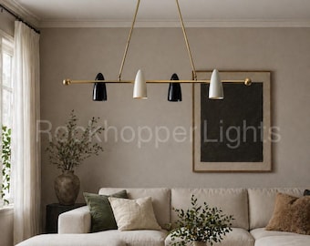 Lampadario lineare in ottone moderno di metà secolo, lampada a sospensione con paralume conico nero e avorio, illuminazione minimalista per isola cucina, lampadario per sala da pranzo