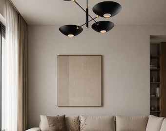 1950's 4 Light Mid Century Modern Matte Black Sputnik Chandelier Ceiling Light Fixture Industrial Pendant Lamp for Dining Room, Living Room