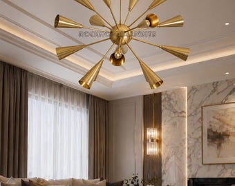Lámpara de araña Sputnik de latón de mediados de siglo, de la década de 1950, lámpara de techo Starburst de 16 luces, accesorio de iluminación moderno de estilo vintage.