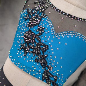 Child Medium 2-Piece Jazz Costume, Dance Costume, Competition Dance Costume, Teal and Black Dance Costume,