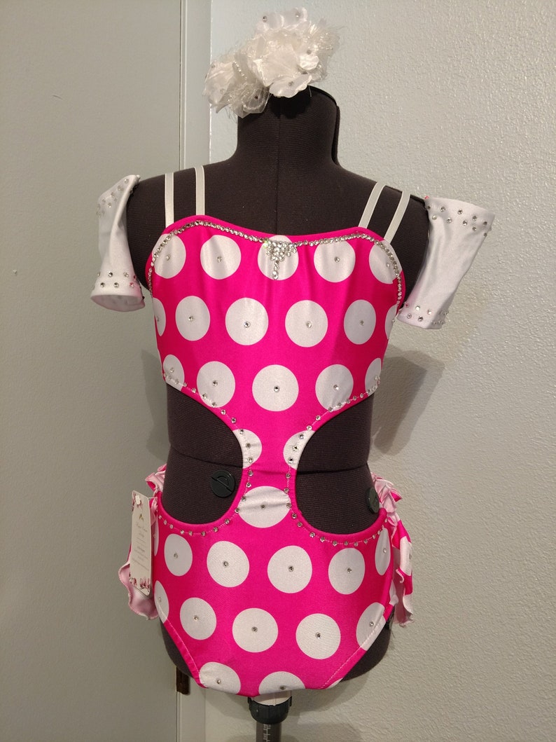 Cut away front Very sassy child Medium Hot Pink and White Polka Dots jazz musical theatre or open dance costume