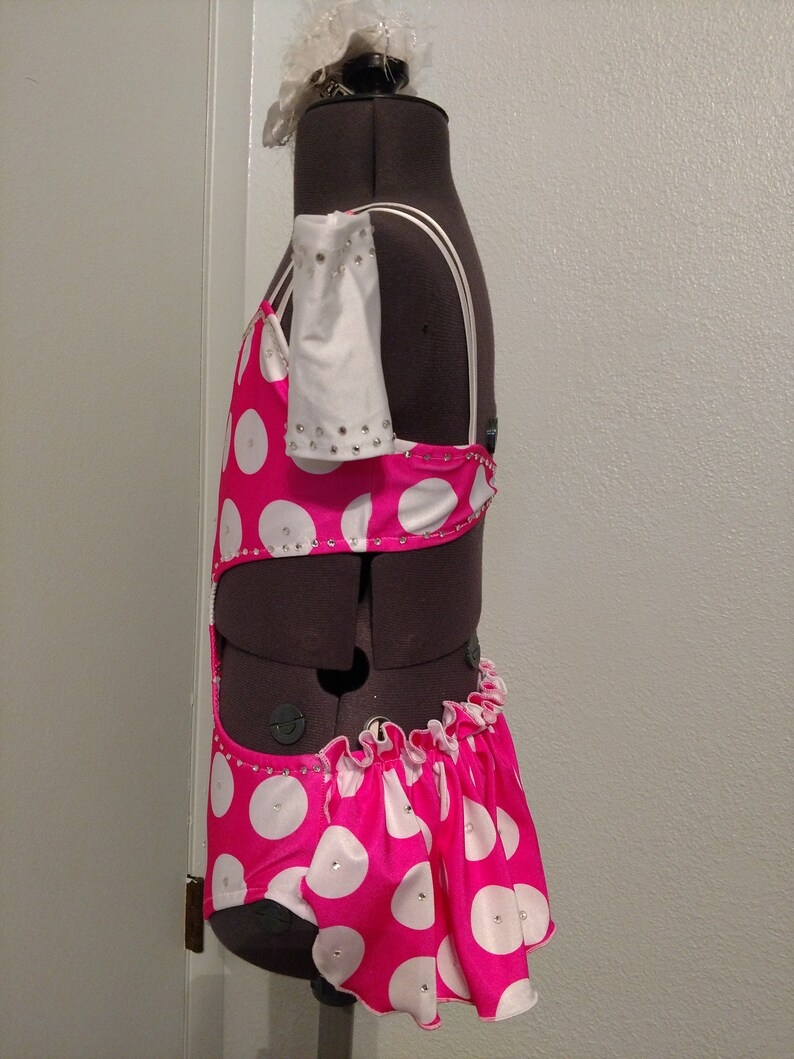Cut away front Very sassy child Medium Hot Pink and White Polka Dots jazz musical theatre or open dance costume