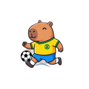Puede incluir: Un capibara de dibujos animados con una camiseta de fútbol amarilla con cuello verde y el emblema de la bandera brasileña. El capibara está pateando un balón de fútbol blanco y negro, con pantalones cortos azules y zapatos negros. La imagen está sobre un fondo blanco.