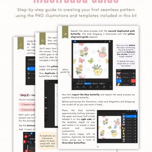 May include: An illustrated guide for creating seamless patterns, featuring step-by-step instructions, numbered pages, and screenshots of digital design software. The pages display text, diagrams, and colourful floral and butterfly graphics.