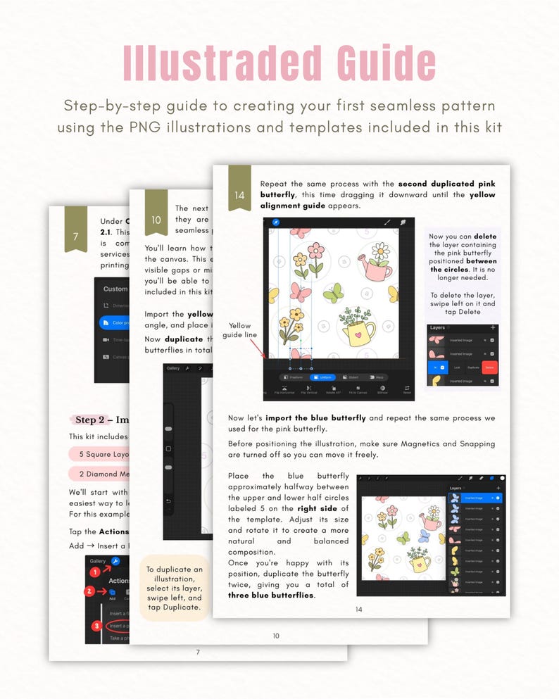 May include: An illustrated guide for creating seamless patterns, featuring step-by-step instructions, numbered pages, and screenshots of digital design software. The pages display text, diagrams, and colourful floral and butterfly graphics.