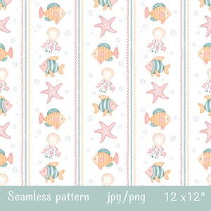May include: A seamless pattern featuring vertical stripes and illustrations of orange and teal striped fish, pink starfish, and pale jellyfish on a white background. The design includes small circular bubbles and text reading Seamless pattern jpg/png 12 x 12 inches.