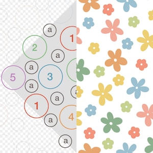 May include: A split-view graphic featuring a white background with a repeating pattern of five-petaled flowers in orange, pink, blue, yellow, and green on the right, and a gray triangular section on the left containing numbered circles 1-5 and letter a.