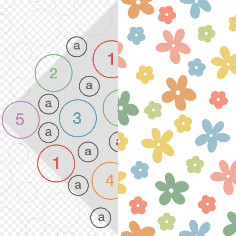 May include: A split-view graphic featuring a white background with a repeating pattern of five-petaled flowers in orange, pink, blue, yellow, and green on the right, and a gray triangular section on the left containing numbered circles 1-5 and letter a.