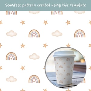 Peut inclure: Un mod&egrave;le de motif r&eacute;p&eacute;titif avec des arcs-en-ciel, des nuages et des &eacute;toiles de style aquarelle dans des tons terreux sur fond blanc, avec un encart circulaire montrant le motif appliqu&eacute; sur un gobelet en papier jetable.