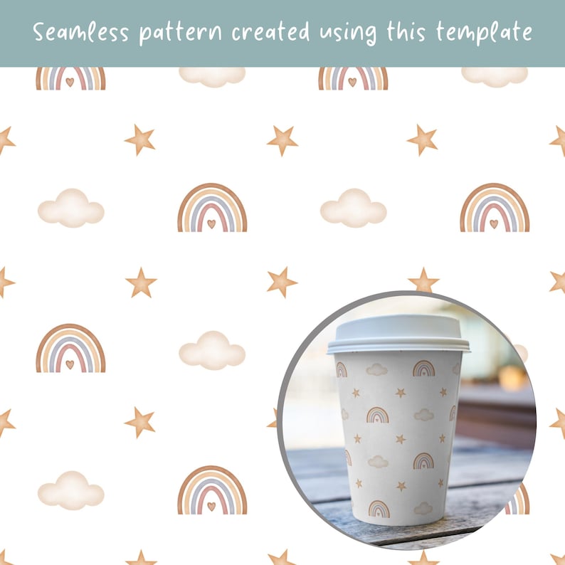 Peut inclure: Un mod&egrave;le de motif r&eacute;p&eacute;titif avec des arcs-en-ciel, des nuages et des &eacute;toiles de style aquarelle dans des tons terreux sur fond blanc, avec un encart circulaire montrant le motif appliqu&eacute; sur un gobelet en papier jetable.