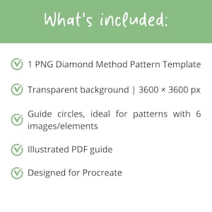 May include: A digital product information list with a green header reading What's included: followed by five bullet points with checkmarks: 1 PNG Diamond Method Pattern Template, Transparent background 3600 x 3600 px, Guide circles for 6 images, Illustrated PDF guide, and Designed for Procreate.