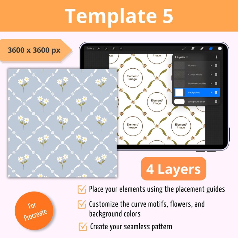 Op de afbeelding: Een digitaal sjabloon voor Procreate genaamd Template 5, 3600 x 3600 px, met 4 lagen. Het toont een naadloos patroon van witte madeliefjes op een lichtblauwe achtergrond en een raster van cirkelvormige plaatsingsgidsen voor elementen.