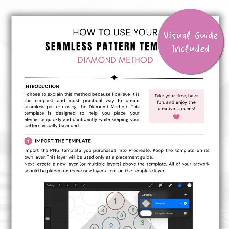 May include: A digital instructional document titled How to Use Your Seamless Pattern Template - Diamond Method. It includes an introduction, a pink circle badge stating Visual Guide Included, and step-by-step instructions for Procreate.