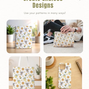 May include: A collection of items featuring a repeating pattern of grey koalas, yellow flowers, and yellow watering cans with green plants. The items include a spiral-bound notebook, a zipped pouch, a tote bag, and a smartphone case.