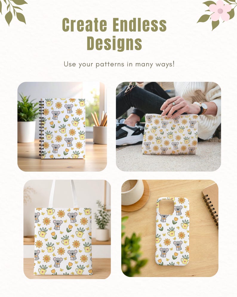 May include: A collection of items featuring a repeating pattern of grey koalas, yellow flowers, and yellow watering cans with green plants. The items include a spiral-bound notebook, a zipped pouch, a tote bag, and a smartphone case.