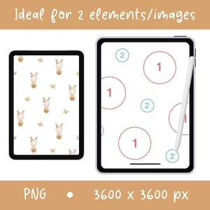 Peut inclure: Deux tablettes num&eacute;riques affichant des designs graphiques. La tablette de gauche montre un motif r&eacute;p&eacute;titif de lapins et de papillons &agrave; l'aquarelle. La tablette de droite pr&eacute;sente des cercles rouges num&eacute;rot&eacute;s 1 et bleus num&eacute;rot&eacute;s 2, avec un stylet blanc sur l'&eacute;cran. Texte : Ideal for 2 elements/images, PNG, 3600 x 3600 px.