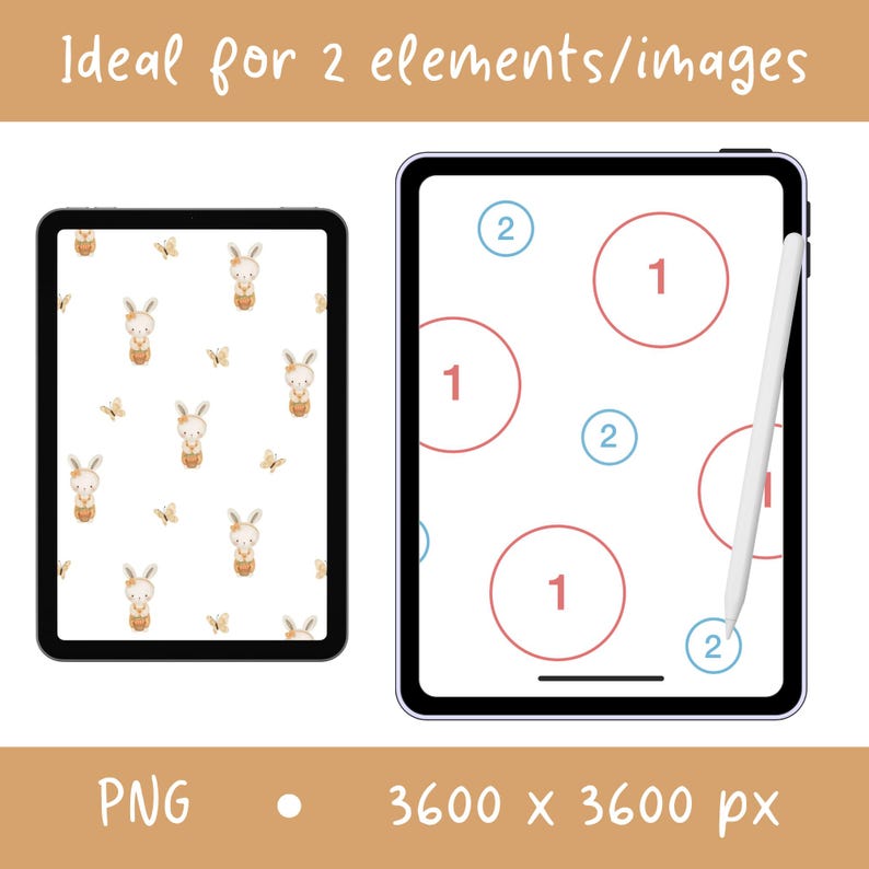Peut inclure: Deux tablettes num&eacute;riques affichant des designs graphiques. La tablette de gauche montre un motif r&eacute;p&eacute;titif de lapins et de papillons &agrave; l'aquarelle. La tablette de droite pr&eacute;sente des cercles rouges num&eacute;rot&eacute;s 1 et bleus num&eacute;rot&eacute;s 2, avec un stylet blanc sur l'&eacute;cran. Texte : Ideal for 2 elements/images, PNG, 3600 x 3600 px.