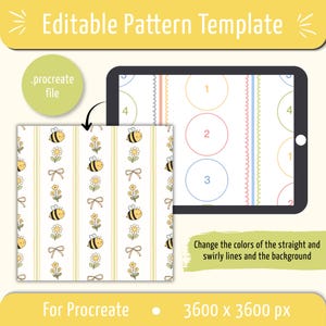 May include: An editable pattern template for Procreate featuring a repeating design of yellow bees, small flowers, and bows on a white background with vertical stripes. The digital file includes a tablet interface with numbered circles.
