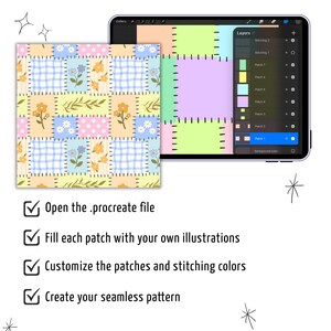 May include: A digital tablet displaying a Procreate interface with a layered patchwork pattern design. The pattern features squares with floral, polka dot, and gingham prints in pastel colours, separated by black dashed stitching lines.