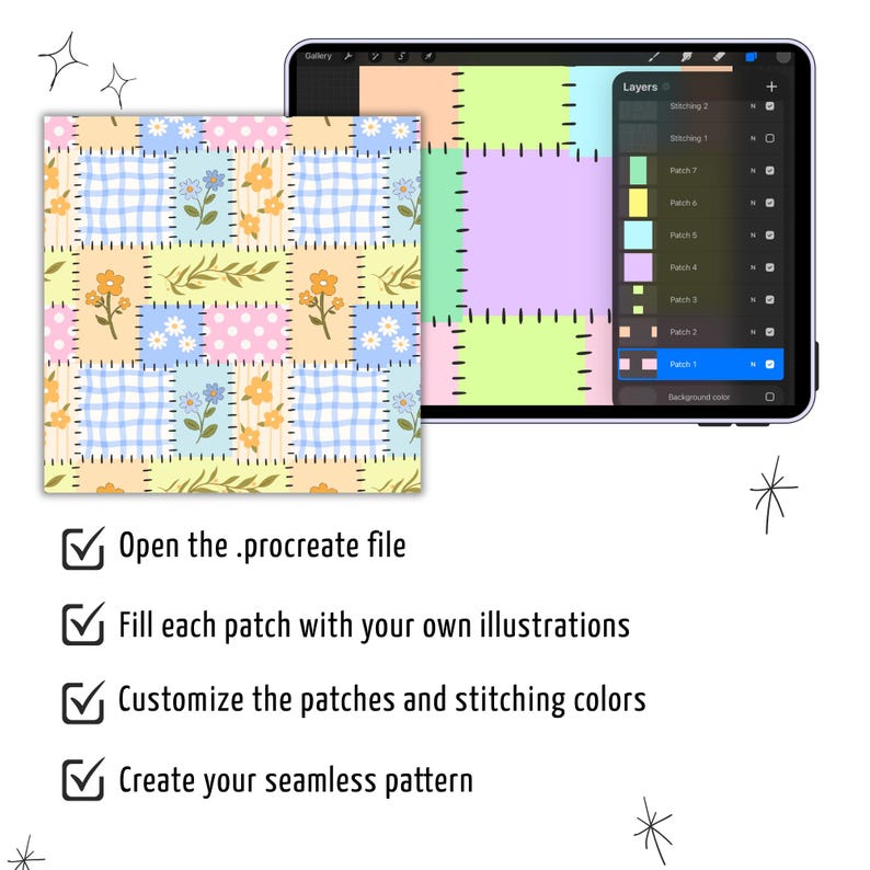 May include: A digital tablet displaying a Procreate interface with a layered patchwork pattern design. The pattern features squares with floral, polka dot, and gingham prints in pastel colours, separated by black dashed stitching lines.