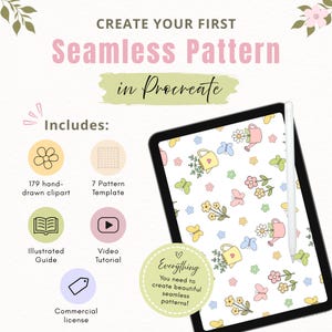 May include: A digital tutorial for creating seamless patterns in Procreate, featuring a tablet with a stylus and a screen displaying a floral and butterfly pattern. The text includes 'CREATE YOUR FIRST Seamless Pattern in Procreate' and 'Includes'.