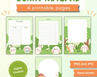 Printable Stationery Bundle, Daily Planner, To Do List, Notepad, Notes Page, Memo Sheets, Cute Bunny, Bunny Stationery, Digital Download