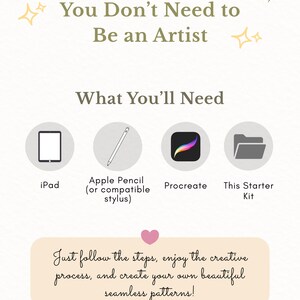 May include: An instructional graphic titled You Don't Need to Be an Artist, listing requirements including an iPad, Apple Pencil, Procreate, and this starter kit. Below, a text box reads: Just follow the steps, enjoy the creative process.